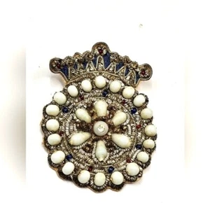 50's Made in India Milk Glass Lapel Pin Beaded Stitched Fabric Brooch Pinback - Picture 1 of 6