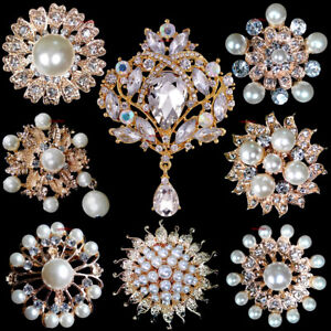 8pc Brooch Lot Mixed Alloy Gold Pearl Crystal Glass Pins Women Wedding Bouquet