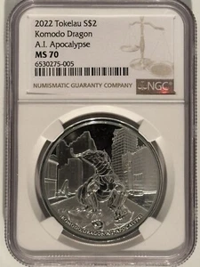 2022 Tokelau $2 Komodo Dragon A.I. Apocalypse 1 oz .999 Silver Coin  - NGC MS 70 - Picture 1 of 2