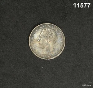 1888 PORTUGAL 100 REIS AU SCARCE DATE! SILVER! #11577 - Picture 1 of 2