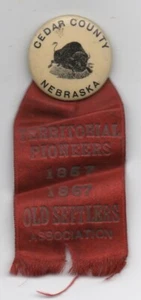1900 Celluloid Pinback & Ribbon with Buffalo from Cedar Co Nebraska Old Settlers - Picture 1 of 2