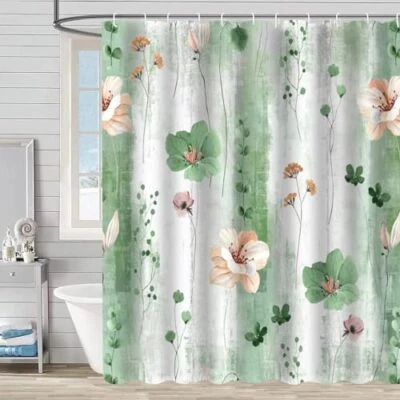 Watercolor Floral Shower Curtain, Sage Green Flower Shower Curtain Green Grey - Image 1 of 4
