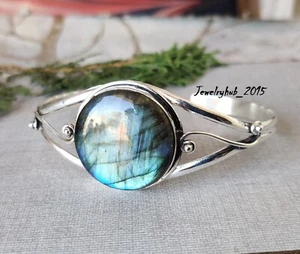 Blue Fire Labradorite Bangle Beautiful 925 Sterling Silver Adjustable MO5178 - Picture 1 of 7