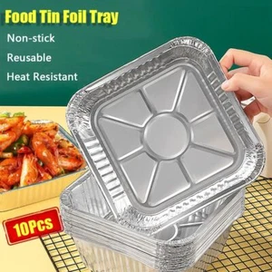 10Pcs Non-stick Food Tin Foil Tray Reusable Air Fryer Tray Aluminum Foil Box - Picture 1 of 15