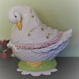 Duck Cookie Jar Big and Beautiful Floral Kitchen Canister 13 inch Porcelain - Picture 1 of 7
