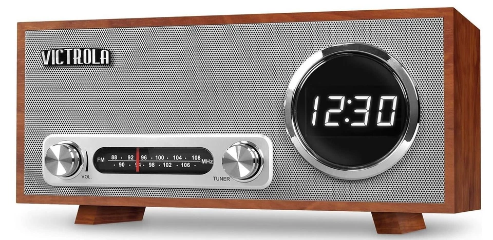 Victrola Bluetooth Digital Clock Stereo with FM Radio and USB Charging, Mahogany - Image 1 of 1
