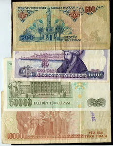 TURKEY 4 BANK NOTES, 500/1000/50000/100000 LIRE - Picture 1 of 2