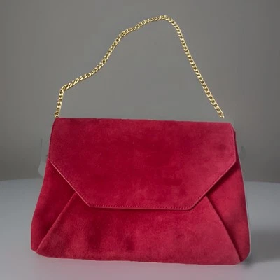 Bolso de mano de hombro Ann Taylor Holiday de cuero rojo gamuza cadena dorada Foto 1 de 4