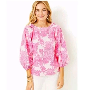 Lilly Pulitzer Barbara 3/4 Sleeve Top Puff Sleeve Pink Resort SZ 10 - Picture 1 of 11