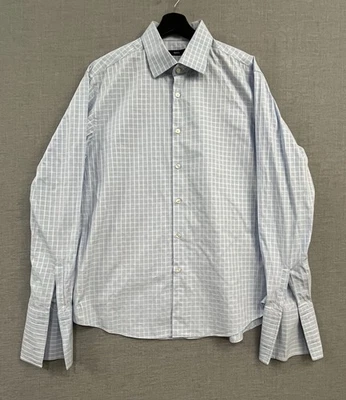 Hugo Boss Shirt Mens 18 36/37 Blue Dress Long Sleeve Check French Cuff - Image 1 of 4