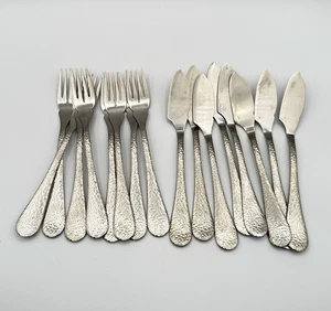 Mepra Epoque Zinn Fisch Gabel und Messer gehämmert rostfrei Italien 8 Sets - Bild 1 von 8