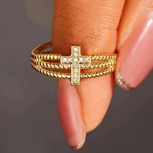 0.50 Ct Lab Created Diamond Three-layer Adjustable Cross Ring 14K Gold Plated - Picture 1 of 6
