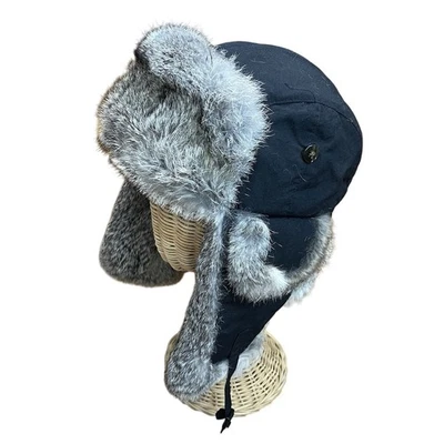 Sombrero de piel de conejo negro Blizzard para hombre bombardero trampero orejeras cálido difuso talla L Foto 1 de 4