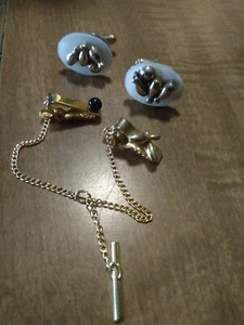 Bowling Theme Cufflinks And Tie Clip Vintage Costume Jewelry - Picture 1 of 7