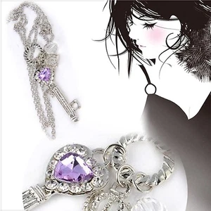 Key Necklace with Heart-cut Orchid color crystal - 24" chain - NEW - Picture 1 of 8