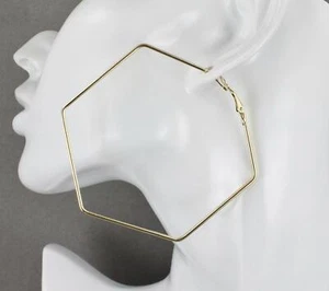 Gold hexagon hoop earrings Big Huge hoops earrings 3" wide metal leverback posts - Picture 1 of 10