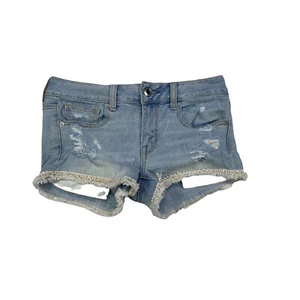American Eagle Jeansshorts Damen Größe 2 Stretch Shortie abgeschnittene Fransen - Bild 1 von 10