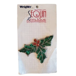 Vintage Wrights tragbare Kunst Pailletten Applikation mit angenähter Anstecknadel Stechpalme Beere Urlaub - Bild 1 von 3
