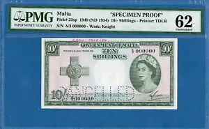 Malta, 10 scellini, 000000 Prova campione, 1949, UNC-PMG62, P23sp - Foto 1 di 2