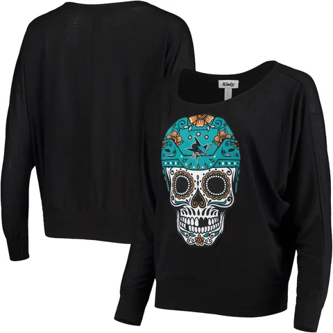 NHL San Jose Sharks Womens Shirt Black Size Small Los Tiburones Skull Scoop Neck Cover