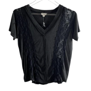 POL Relaxed Fit Inset Lace Outseam Detail Short Sleeves V-Neck T-Shirt black S - Picture 1 of 15