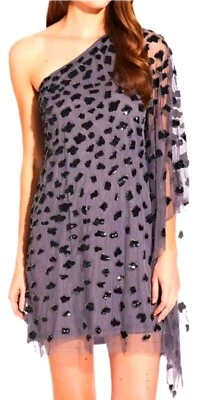Adrianna Papell black purple leopard sequin one shoulder sheer mini dress S NWT - Image 1 of 4