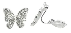 Butterfly Non-Pierced Crystal Silver Stud Diamante Clip On Earrings CZ Cushion - Picture 1 of 1