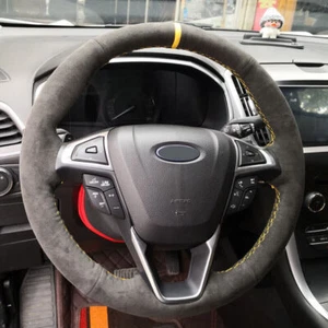 Black Suede Leather Steering Wheel Yellow Stitch Wrap Cover For Ford Fusion 13+ - Picture 1 of 10