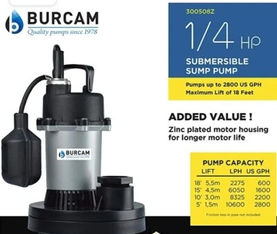 Bomba de sumidero sumergible de zinc Burcam 300508Z 1/4 HP Foto 1 de 2