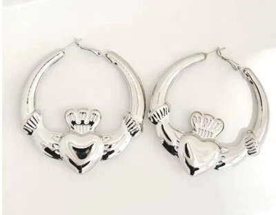 Grande Celtico Lega Claddagh Orecchini a Cerchio (1 Paio) Oro o Argento Colore - Immagine 1 di 2