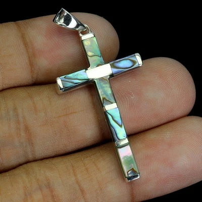 Pendente In Argento Sterling 925 Ottagonale Madreperla Naturale Croce Gioielli - Immagine 1 di 4