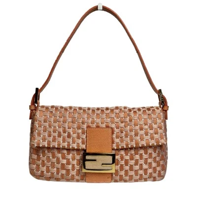 Fendi Peach Orange Woven Beaded Baguette Bag w Quartz Logo & Crocodile Trim  - Image 1 of 4