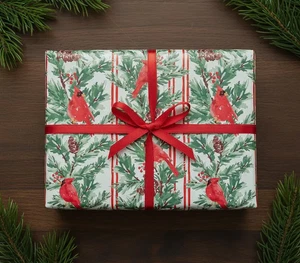 CHRISTMAS CARDINALS Print Design 24" Gift WRAPPING Paper Choose Length Amount - Picture 1 of 4