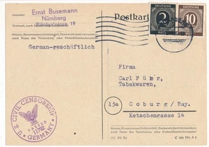 Deutschland 1946 Nürnberg PC USA ZIVILZENSUR 11792 Lucke ? nach Coburg - Bild 1 von 2