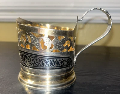 Portavasos de vidrio de té Niello oro sobre plata 875 con marca URSS rusa de colección 82 gramos Foto 1 de 4