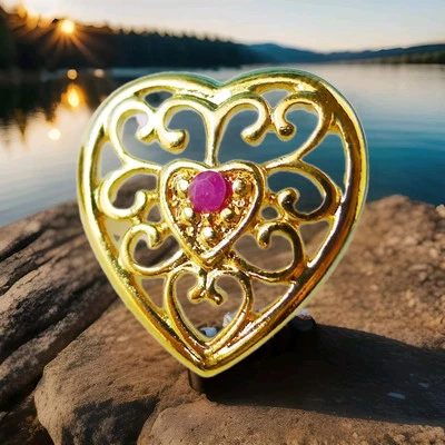 Filigree Heart Pin w Ruby Red Stone Vintage Jewelry Pin, I Love You Gift - Image 1 of 4