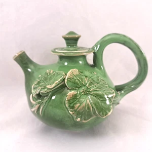 Studio Pottery Teapot Small Whimsical Ceramic Green Applied Floral w/Vine Handle - Picture 1 of 11