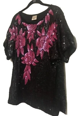 Blusa Vintage Elegance By Anajan Talla M Negra Lentejuelas Manga Corta Seda Fiesta Foto 1 de 4