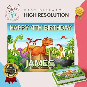 KIDS DINOSAURS PERSONALISED RECTANGLE EDIBLE BIRTHDAY CAKE TOPPER DECORATION - Picture 1 of 1