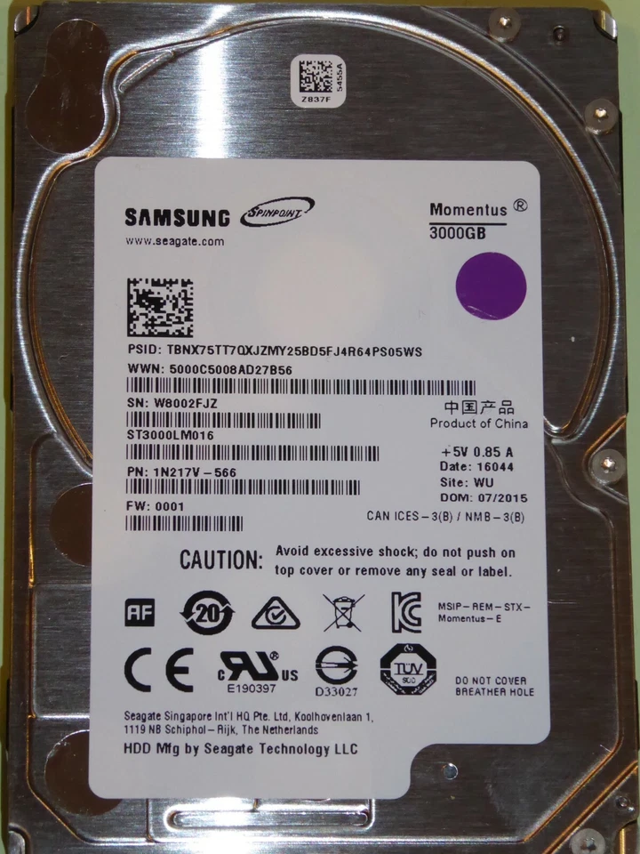 ST3000LM016 SN: W80 PN: 1N217V-566 FW: 0001 WU 07/2015 Samsung 3TB - Bild 1 von 1