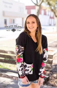 Crazy Train Kuh Leopard Rose Shirt langärmeliges Oberteil Kleidung FLower Blumenmuster schwarz  - Bild 1 von 3