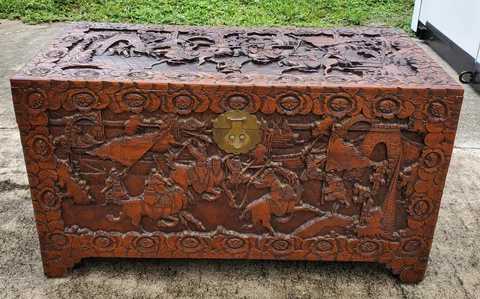 Vintage Hand Carved Camphor Wood Asian Trunk - 44" L Cover