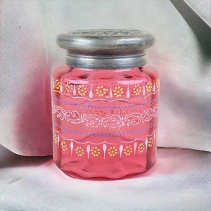 Antiguo tarro de galletas pintado a mano rosa con tapa color plata 6,25" de alto - Imagen 1 de 10