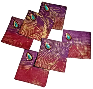 Coaster Set (6) Fabric Cocktail Napkins Peacock Feather Print Sequin Embellished - Picture 1 of 6