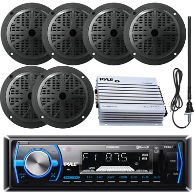 Bluetooth Pyle Marine Black Radio, 400W Amp, Antenna, 6x 5.25" Marine Speakers - Image 1 of 4