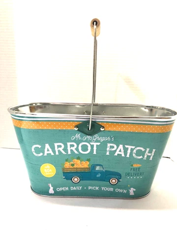 Carrot Patch Tin Metal Easter Gardening Oval Basket with Handle NEW Cover