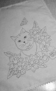 Embroidery Tray Cloth SMOKIE The CAT, cotton with lace edge CS0141 - Picture 1 of 1