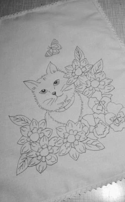 CROSS STITCH STREET Embroidery Tray Cloth SMOKIE The CAT, cotton with lace edge CS0141