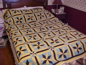 VINTAGE HANDMADE QUILT, GREEN YELLOW AND BLACK 8-POINT STARS  AS IS, for CRAFTs - Picture 1 of 6