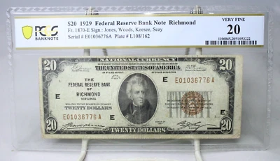 1929 $20 The Federal Reserve Bank of Richmond National Currency PCGS VF20 #6776 - Image 1 of 2